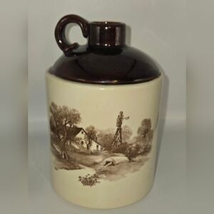 Vintage Cream Brown Country Farm Scene Jug Vase Decor W/Handle Barn Windmill USA